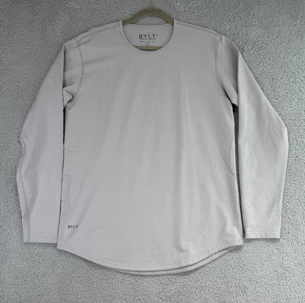 BYLT Shirt Mens Medium Light Grey Drop Cut L/S Lux Shirt Long Sleeve Curved Hem